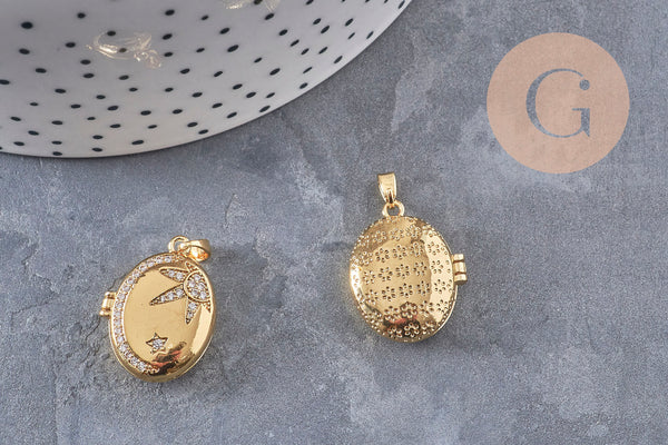 Pendentif locket ovale laiton doré 18K étoiles zircons 17mm, x1 (G10978)