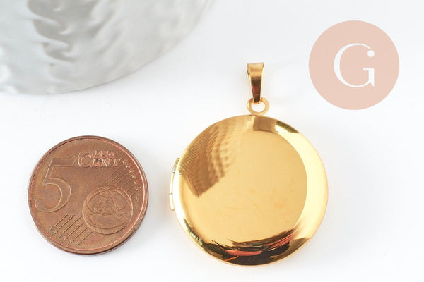 Pendentif locket rond acier 316 inoxydable doré 31mm, x1 (G9467)