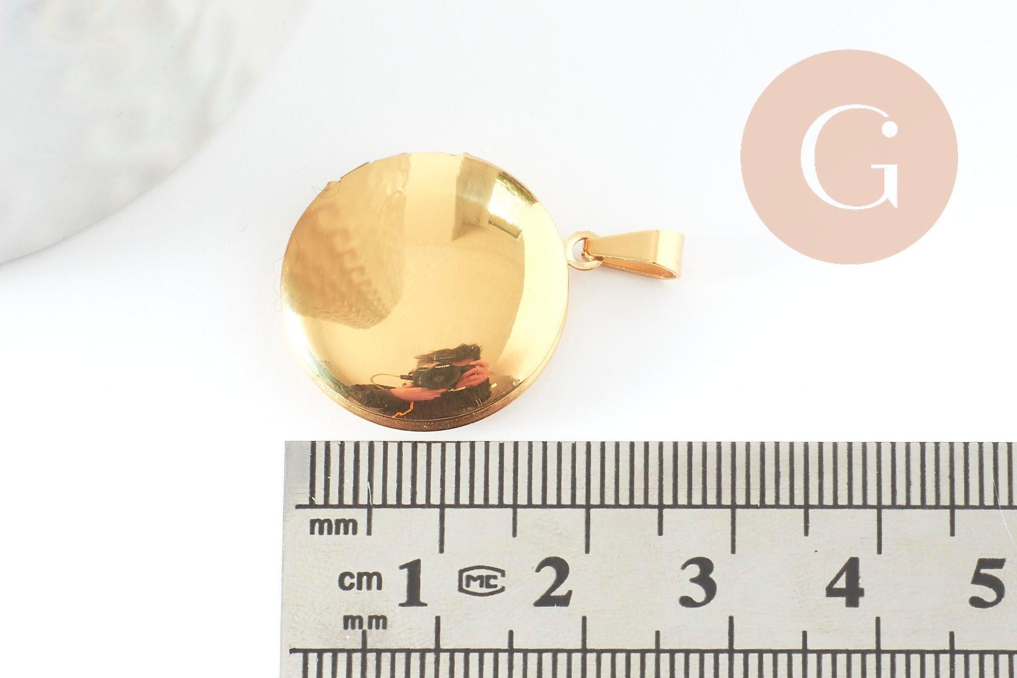 Pendentif locket rond acier 316 inoxydable doré IP 18K 23mm, x1 (G9461)