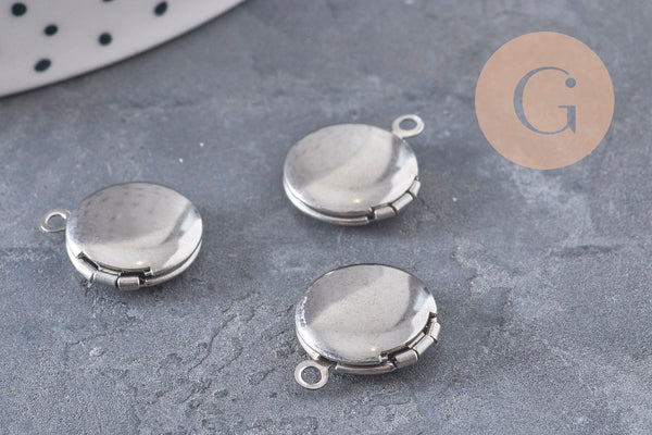 Pendentif locket rond acier 316 inoxydable platine 16mm, x1 (G10985)