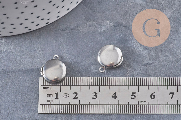 Pendentif locket rond acier 316 inoxydable platine 16mm, x1 (G10985)