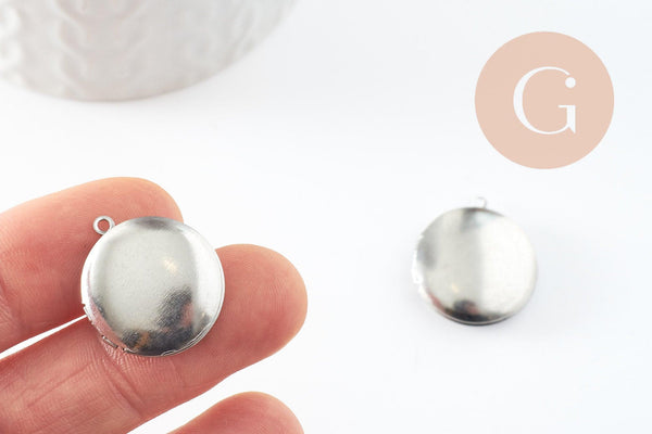 Pendentif locket rond acier 316 inoxydable platine 23mm, x1 (G9531)