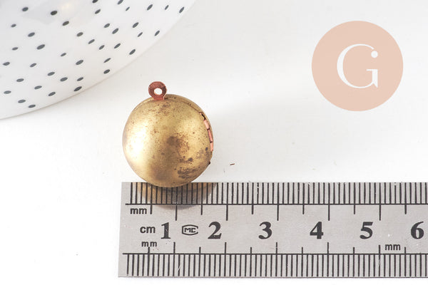 Pendentif locket rond boule laiton brut 18mm, médaillon Vintage, Pendentif laiton brut,, x 2,G2569