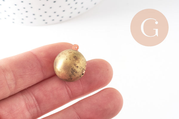 Pendentif locket rond boule laiton brut 18mm, médaillon Vintage, Pendentif laiton brut,, x 2,G2569
