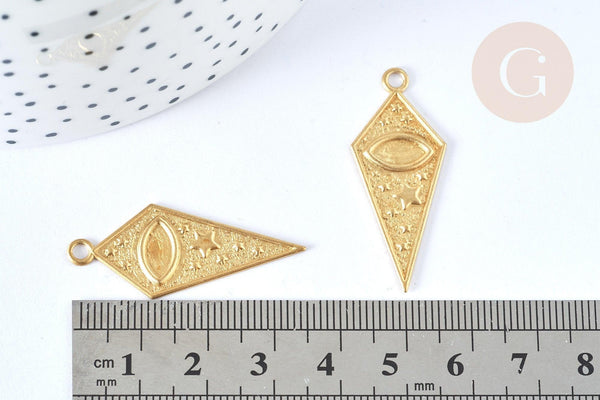 Pendentif losange oeil protecteur laiton brut 36mm, x2 (G6913)