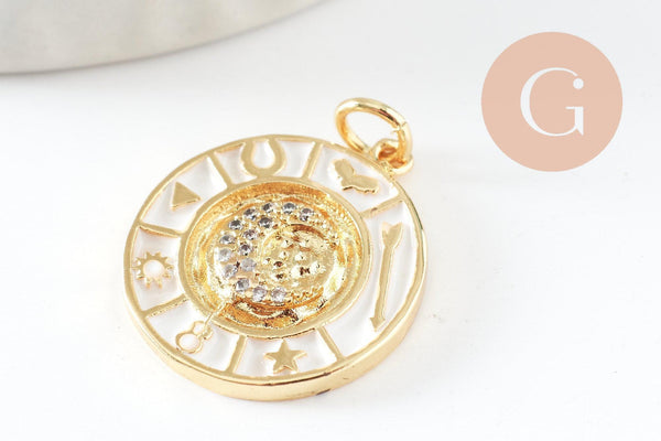 Pendentif lune doré 18K émail blanc zircon,pendentif lune doré horoscope,porte-bonheur,laiton doré,20mm, x1 (G5329)