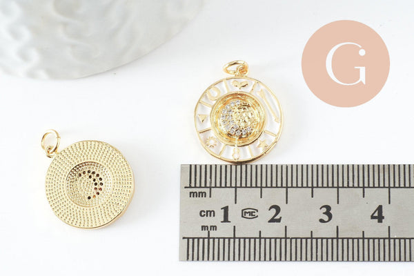 Pendentif lune doré 18K émail blanc zircon,pendentif lune doré horoscope,porte-bonheur,laiton doré,20mm, x1 (G5329)