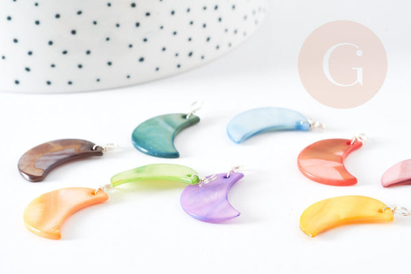 Pendentif lune en nacre multicolore support cuivre argenté 28.5mm, pendentif lune coquillage bijoux DIY x1 G9155