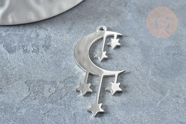 Pendentif lune et étoiles argenté acier 304 inoxydable 41.5mm, x1 (G7664)