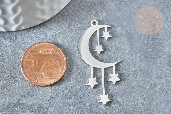 Pendentif lune et étoiles argenté acier 304 inoxydable 41.5mm, x1 (G7664)
