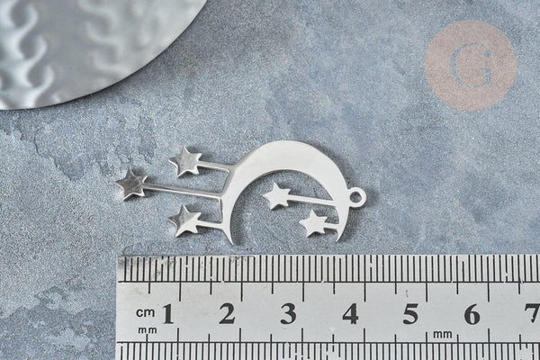 Pendentif lune et étoiles argenté acier 304 inoxydable 41.5mm, x1 (G7664)