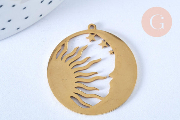 Pendentif lune et soleil acier 201 inoxydable doré 32mm, breloque acier inoxydable doré pour création bijoux, x1 G6187