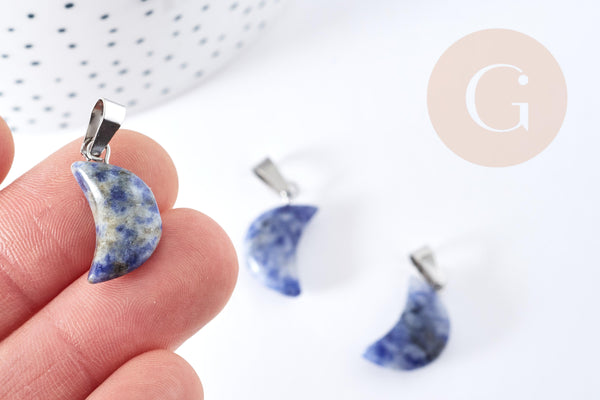 Pendentif lune jaspe bleu naturel support laiton argenté 24mm, pendentif lune bijou pierre naturelle, x1 (G8635)