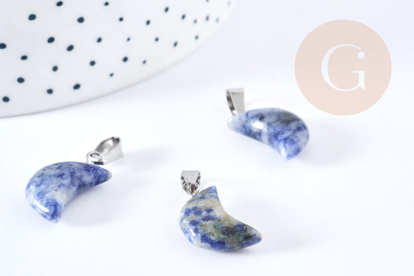 Pendentif lune jaspe bleu naturel support laiton argenté 24mm, pendentif lune bijou pierre naturelle, x1 (G8635)