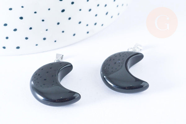 Pendentif lune obsidienne noire naturelle support laiton argenté 29mm, x1 (G6996)
