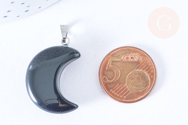 Pendentif lune obsidienne noire naturelle support laiton argenté 29mm, x1 (G6996)