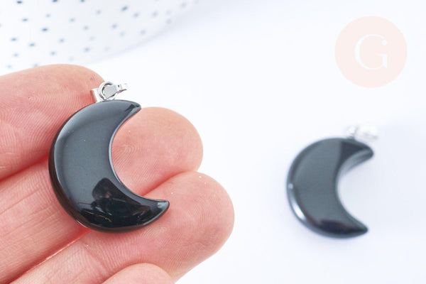 Pendentif lune obsidienne noire naturelle support laiton argenté 29mm, x1 (G6996)