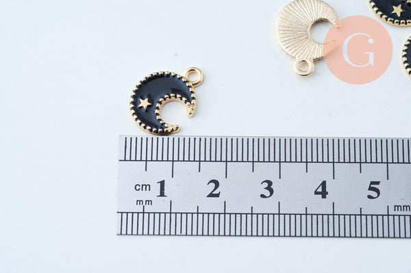 Pendentif lune zamac doré émail noir 16mm,pendentif doré pour création de bijoux, x5 (G6087)