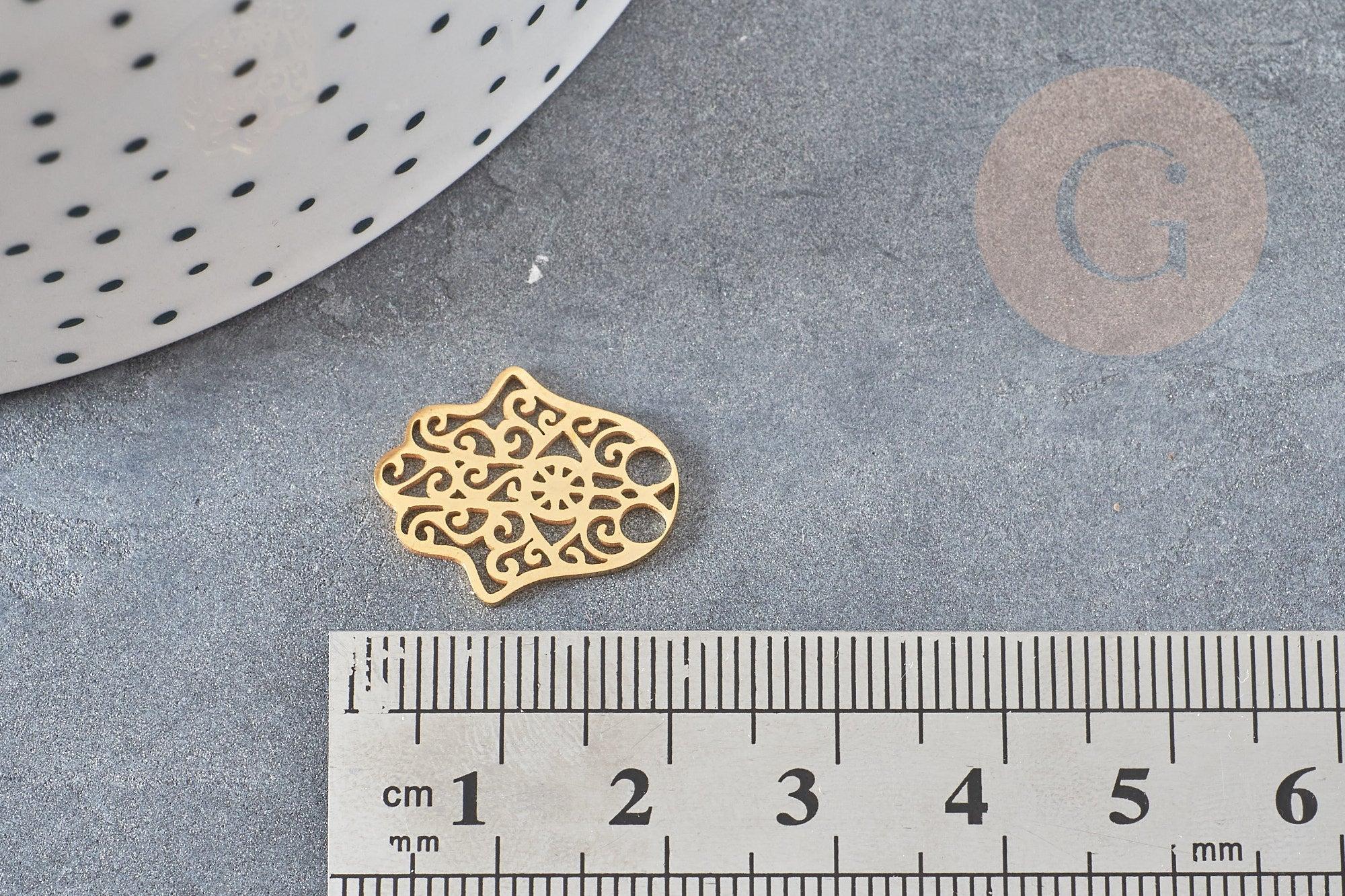 Pendentif main hamsa acier 201 inoxydable doré 18.6mm, breloque acier inoxydable doré pour création bijoux, x1 G6040