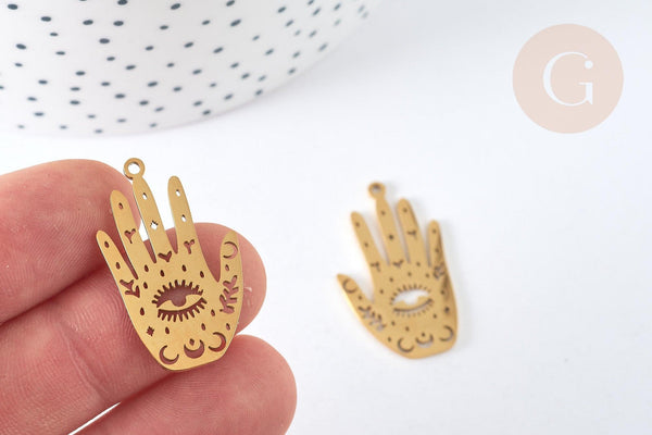 Pendentif main mystique acier 201 doré 30mm, fournitures création bijoux chance x1 G7380