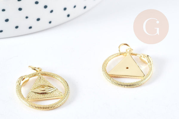 Pendentif mauvais œil et serpent laiton doré rond et plat 22mm, x1 G8963