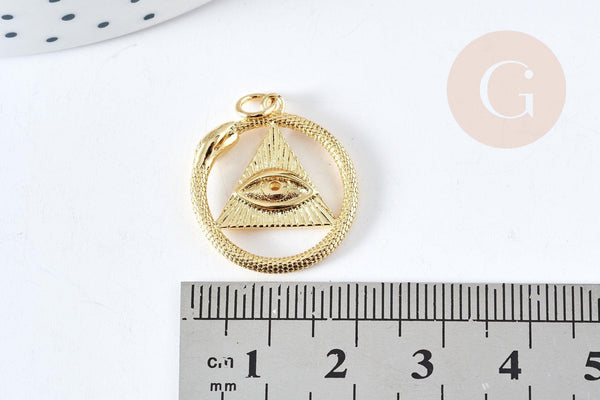 Pendentif mauvais œil et serpent laiton doré rond et plat 22mm, x1 G8963