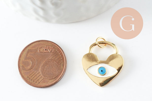 Pendentif médaille Cadenas coeur oeil émail blanc laiton doré 16K,pendentif laiton amour pour création bijoux,20mm, x1 (G4674)