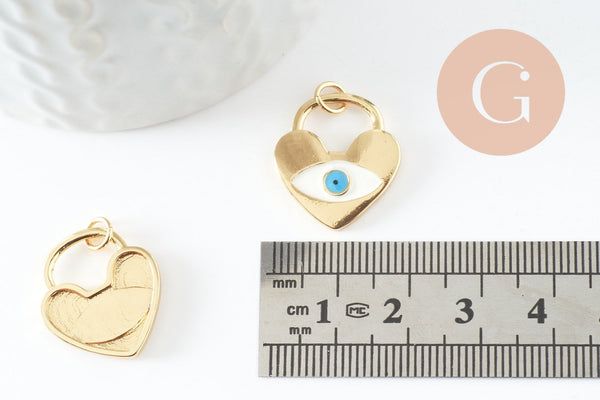 Pendentif médaille Cadenas coeur oeil émail blanc laiton doré 16K,pendentif laiton amour pour création bijoux,20mm, x1 (G4674)