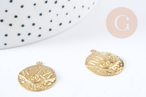 Pendentif médaille bombée ronde oeil protecteur laiton brut 22.5mm, x1 (G8841)