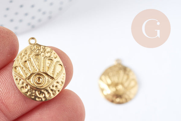 Pendentif médaille bombée ronde oeil protecteur laiton brut 22.5mm, x1 (G8841)