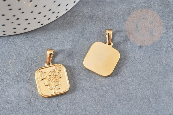 Pendentif médaille carré rose acier 304 inoxydable doré 20.5mm, création bijoux médaille or x1 (G4551)