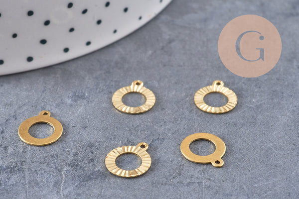 Pendentif médaille cerle texturée laiton brut, apprêt doré, sans nickel,médaille dorée, médaille ronde,10mm, x5 (G2826)