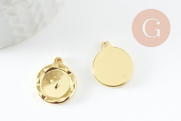 Pendentif médaille coeur acier 304 IP inoxydable doré 18K 18mm, x1 (G9579)