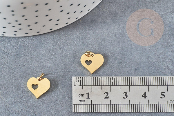 Pendentif médaille coeur acier 304 inoxydable doré 12mm, x1 (G2993)