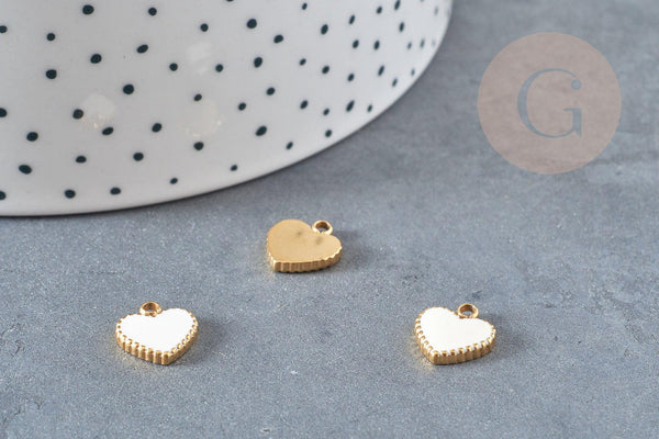 Pendentif médaille coeur acier 304 inoxydable doré émail blanc 11mm, x1 (G4884)