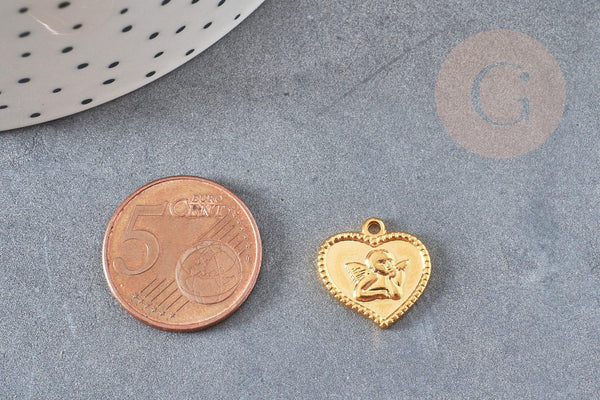 Pendentif médaille coeur ange acier 304 inoxydable doré 15mm, pendentif doré baptême x1 G4846