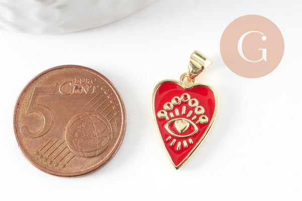 Pendentif médaille coeur émail rouge laiton doré 18K , pendentif laiton amour pour création bijoux,18.5mm, x1 (G5317)