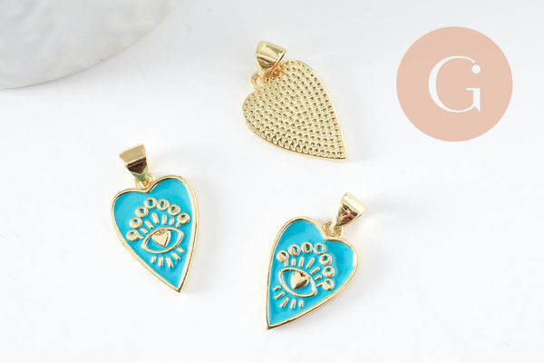 Pendentif médaille coeur émail vert laiton doré 18K , pendentif laiton amour pour création bijoux,18.5mm, x1 (G5318)