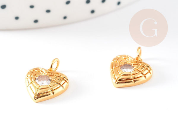 Pendentif médaille coeur laiton doré 18K et cristal zircon,pendentif laiton amour pour création bijoux,13mm, x1 G6078