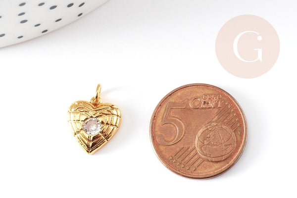 Pendentif médaille coeur laiton doré 18K et cristal zircon,pendentif laiton amour pour création bijoux,13mm, x1 G6078