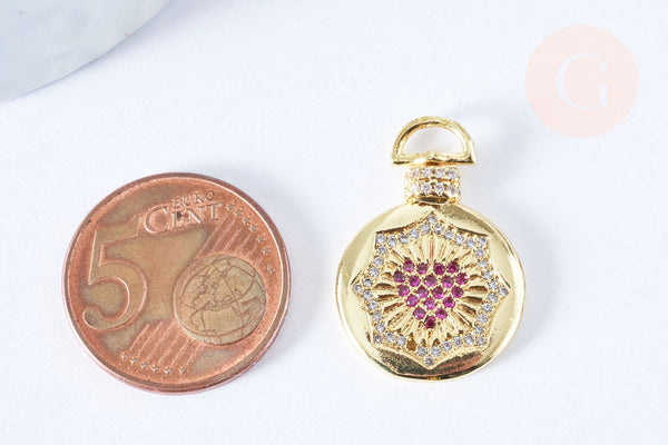 Pendentif médaille coeur laiton doré 18k zircons rouges 21mm, création bijoux fantaisie amour, x1 G6968