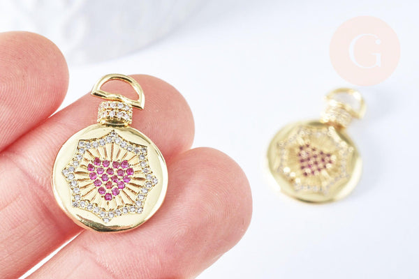 Pendentif médaille coeur laiton doré 18k zircons rouges 21mm, création bijoux fantaisie amour, x1 G6968