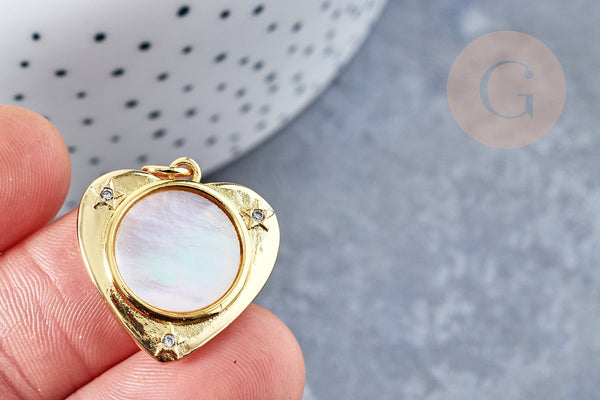 Pendentif médaille coeur nacre naturelle laiton doré 23mm sans nickel, x1 (G8838)