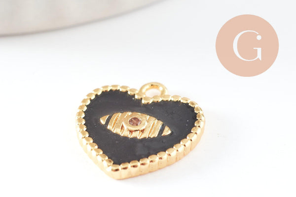Pendentif médaille coeur oeil émail laiton doré 18K et cristal zircon,pendentif laiton amour pour création bijoux,13mm, x1 (G3414)