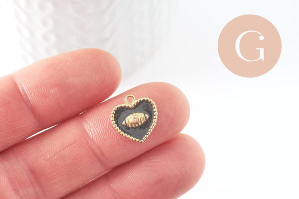 Pendentif médaille coeur oeil émail laiton doré 18K et cristal zircon,pendentif laiton amour pour création bijoux,13mm, x1 (G3414)
