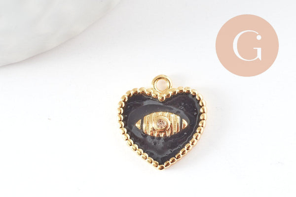 Pendentif médaille coeur oeil émail laiton doré 18K et cristal zircon,pendentif laiton amour pour création bijoux,13mm, x1 (G3414)