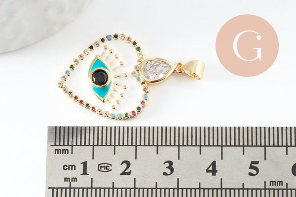 Pendentif médaille coeur oeil émail rouge laiton doré 18K et cristal zircon,pendentif laiton amour pour création bijoux,30.5mm, x1 (G7813)