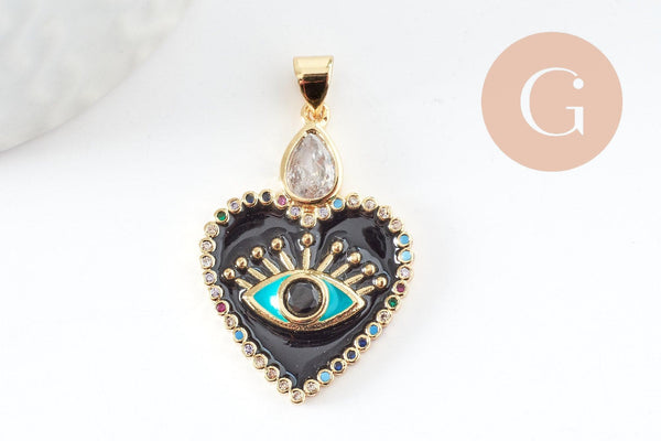 Pendentif médaille coeur oeil émail rouge laiton doré 18K et cristal zircon,pendentif laiton amour pour création bijoux,30.5mm, x1 (G7813)