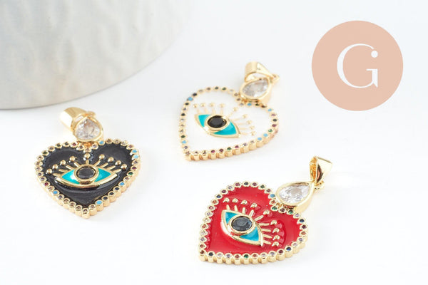 Pendentif médaille coeur oeil émail rouge laiton doré 18K et cristal zircon,pendentif laiton amour pour création bijoux,30.5mm, x1 (G7813)