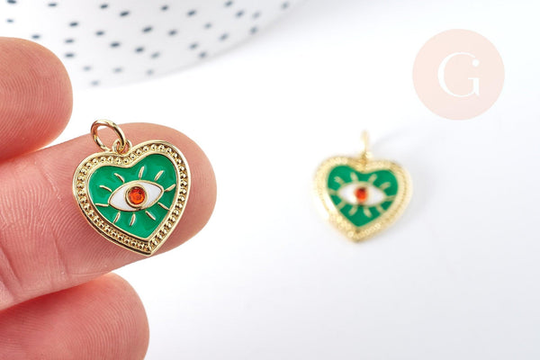 Pendentif médaille coeur oeil émail vert laiton doré 18K et cristal zircon 15mm,pendentif laiton amour , x1 G3355